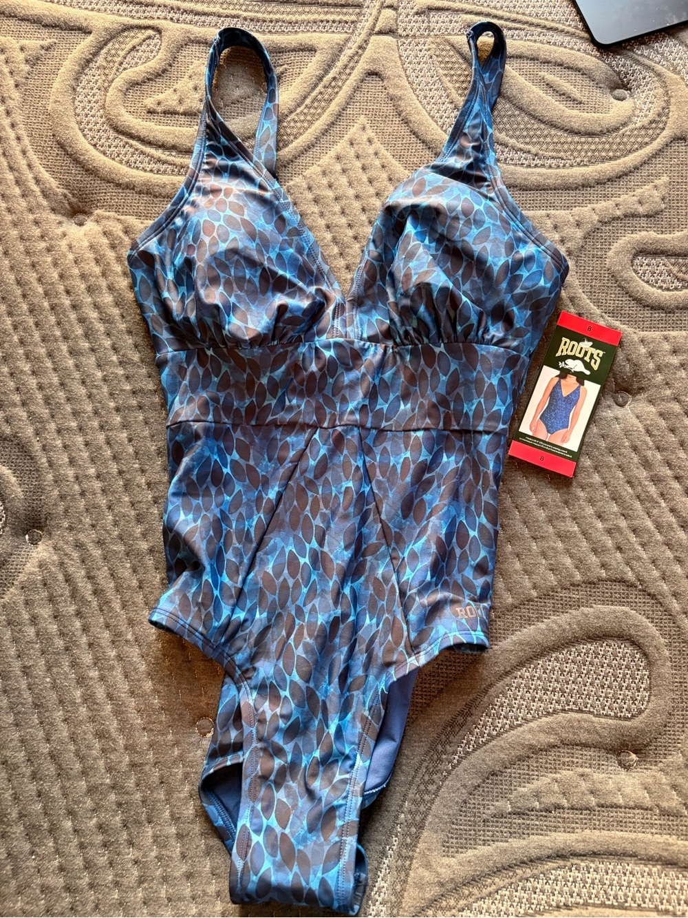 NWT Roots Blue Abstract One-Piece Swimsuit - 8